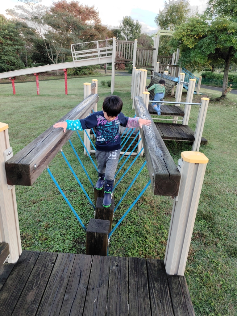 ぐらぐらする木の上を歩く遊具をする子ども